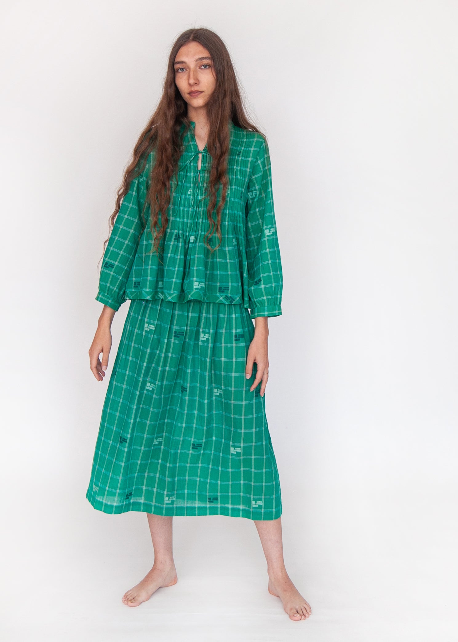 Araminta Check Jamdani Skirt - Mint