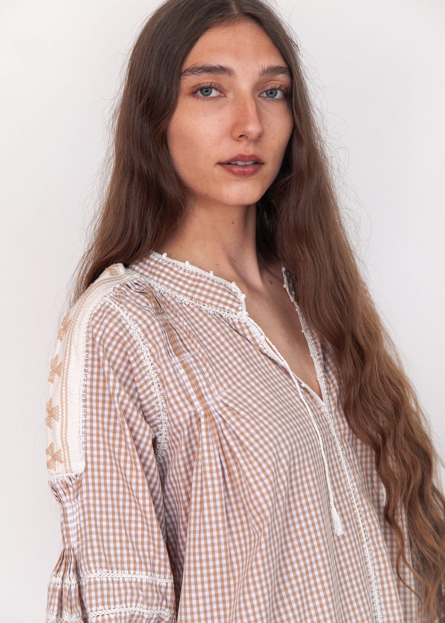 Sirena Dress Long Sleeves Gingham - Beige