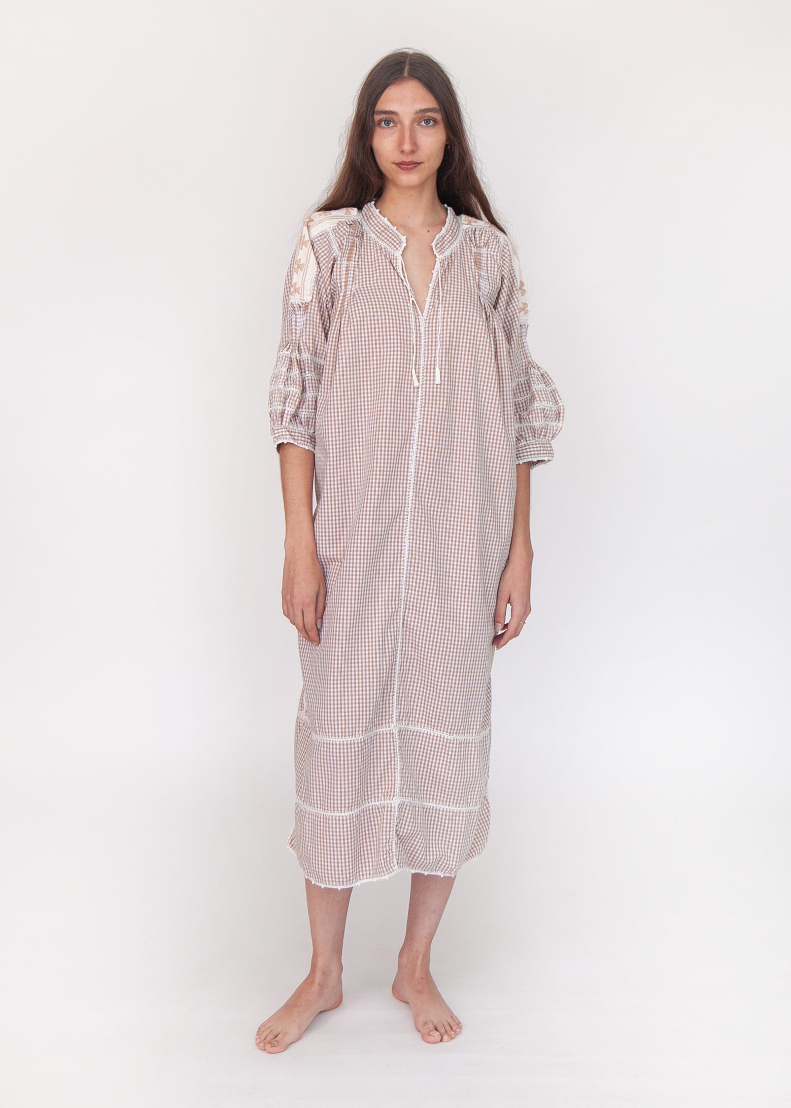 Sirena Dress Long Sleeves Gingham - Beige