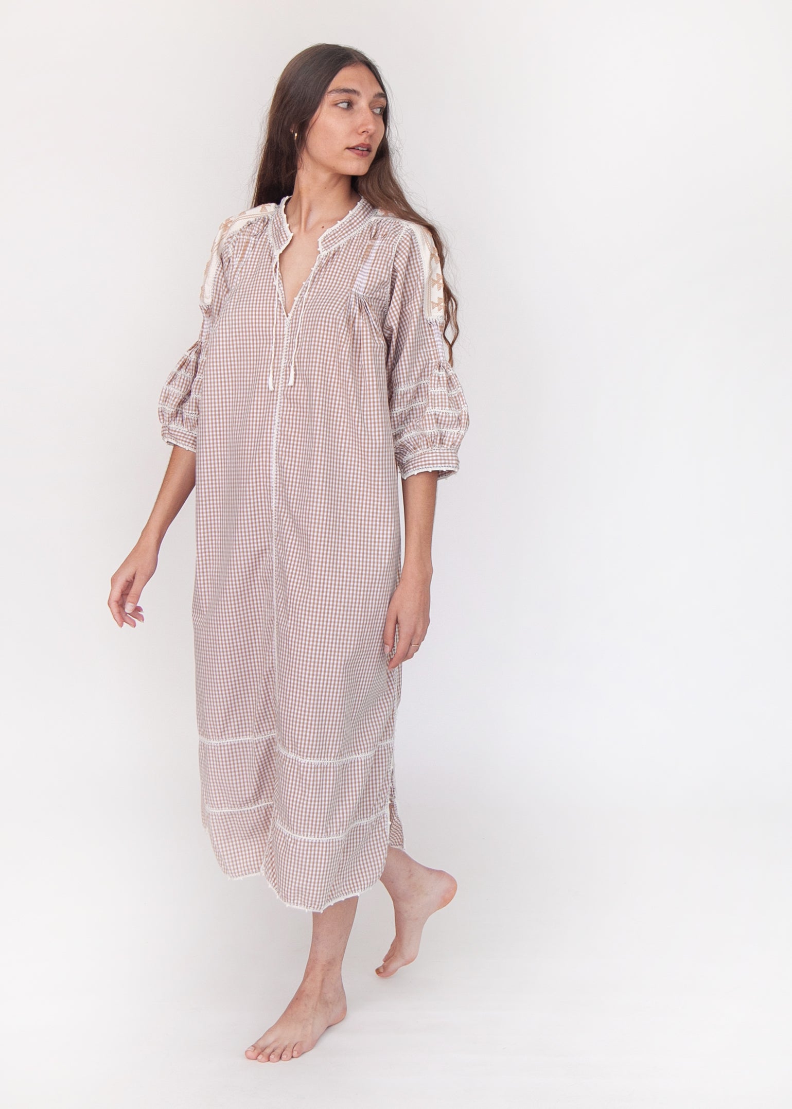 Sirena Dress Long Sleeves Gingham - Beige
